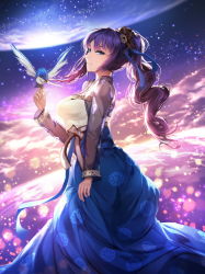 Rule 34 | 1girl, a-line, bird, blue eyes, dress, long hair, looking at viewer, ponytail, purple hair, smile, solo