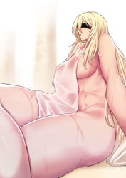 Rule 34 | 1girl, blindfold, blonde hair, breasts, completely nude, covered erect nipples, covering privates, crossed legs, from side, goblin slayer!, highres, large breasts, long hair, naked towel, nude, nude cover, parted lips, sitting, solo, sword maiden, towel, wet, yumoteliuce