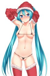 Rule 34 | 1girl, absurdres, aqua hair, armpits, arms up, bad id, bad pixiv id, bikini, blue eyes, blush, breasts, christmas, detached sleeves, fur trim, hat, hatsune miku, highres, jack dempa, large breasts, long hair, looking at viewer, micro bikini, navel, red thighhighs, santa hat, solo, swimsuit, thighhighs, transparent background, twintails, uncensored, very long hair, vocaloid, white background