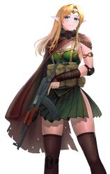 Rule 34 | 1girl, armlet, assault rifle, black gloves, black thighhighs, blonde hair, blue eyes, breasts, brown capelet, cape, capelet, closed mouth, commentary, cowboy shot, dress, elbow pads, elf, english commentary, fantasy, frown, gloves, green dress, gun, half-closed eyes, half gloves, harness, headphones, headphones around neck, headset, highres, holding, holding gun, holding weapon, knee pads, long hair, looking at viewer, medium breasts, original, pencil pusher, pleated dress, pointy ears, rifle, short dress, side slit, simple background, solo, standing, thighhighs, tiara, torn cape, torn clothes, trigger discipline, weapon, white background