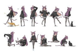 Rule 34 | 1girl, :d, ^ ^, absurdres, animal, animal ears, black cat, black hoodie, black pantyhose, blunt bangs, blunt ends, cat, cat ears, cat girl, cat tail, closed eyes, dokusen yoku ga tsuyo sugiru yandere petto neko-chan, fang, green eyes, grey pantyhose, heterochromia, highres, hood, hood down, hoodie, hugging own legs, kneeling, koyuki (kotatsu358), light brown hair, long hair, long sleeves, messy hair, multicolored hair, neko-chan (dokusen yoku ga tsuyo sugiru yandere petto neko-chan), no shoes, open mouth, pantyhose, pink hair, purple hair, second-party source, sitting, skin fang, sleepy, sleeves past fingers, sleeves past wrists, smile, squatting, tail, two-tone pantyhose, yawning, yellow eyes