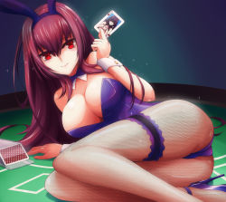 Rule 34 | 1girl, ahsiu, animal ears, arm support, blackjack table, bow, bowtie, breasts, card, cleavage, detached collar, fake animal ears, fate/grand order, fate (series), fishnet pantyhose, fishnets, full body, garter belt, high heels, highres, holding, holding card, large breasts, leotard, long hair, looking at viewer, lying, official alternate costume, on side, pantyhose, playboy bunny, playing card, purple bow, purple bowtie, purple footwear, purple hair, purple leotard, rabbit ears, rabbit girl, red eyes, scathach (fate), scathach (piercing bunny) (fate), solo, sparkle, strapless, strapless leotard, table, wrist cuffs