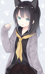 Rule 34 | 1girl, 2016, animal ears, aqua eyes, black hair, black pantyhose, blush, capriccio, cardigan, cat ears, commentary request, dated, dress, hibanar, highres, knees together feet apart, long hair, long sleeves, looking at viewer, neckerchief, original, pantyhose, sailor dress, simple background, sitting, sleeves past wrists, smile, solo, tongue, tongue out