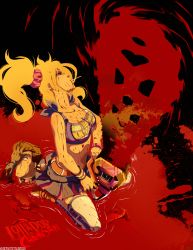 Rule 34 | 1boy, 1girl, belt, blonde hair, blood, blood on clothes, blood on face, blood splatter, blue eyes, breasts, brown hair, candy, chainsaw, cheerleader, cleavage, clothes writing, couple, crop top, duplicate, flat color, food, grasshopper manufacture, highres, juliet starling, kneeling, large breasts, leg warmers, lollipop, lollipop chainsaw, long hair, metalhanzo, midriff, miniskirt, mouth hold, necktie, nick carlyle, scrunchie, severed arm, severed head, severed limb, shoes, short hair, skirt, sneakers, thighhighs, twintails, watch, white thighhighs, wristband, wristwatch