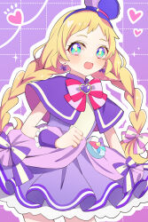 Rule 34 | 1girl, blonde hair, blue eyes, bow, bowtie, braid, brooch, capelet, commentary, cowboy shot, cure friendy, dress, dress bow, earrings, flat cap, hairband, hat, heart, heart brooch, highres, inukai iroha, jewelry, long hair, looking at viewer, magical girl, mini hat, naka, open mouth, outline, petticoat, pouch, precure, purple background, purple bow, purple capelet, purple dress, purple hairband, purple hat, red bow, red bowtie, short dress, smile, solo, standing, tilted headwear, twin braids, twitter username, white outline, wonderful precure!, wrist cuffs