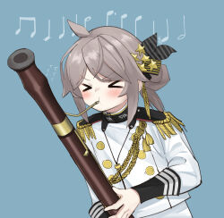 Rule 34 | bassoon, black wrist cuffs, celebration, closed eyes, concentrating, girls&#039; frontline, highres, instrument, m200 (girls&#039; frontline), m200 (solemn march) (girls&#039; frontline), military, music, musical note, pepsi2330, playing instrument, simple background, white uniform, wrist cuffs