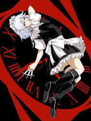 Rule 34 | 1girl, action, alternate color, apron, between fingers, black background, black dress, black footwear, boots, bow, braid, breasts, clock, cross-laced footwear, dress, frilled apron, frilled dress, frills, from behind, frown, hair bow, highres, holding, holding knife, izayoi sakuya, kazu (rakugakino-to), knee boots, knife, knives between fingers, lace-up boots, maid, maid apron, maid headdress, parted lips, player 2, red background, red eyes, roman numeral, shirt, short dress, short hair, short sleeves, silver hair, sleeveless, sleeveless dress, solo, thigh strap, thighs, touhou, twin braids, two-tone background, white shirt