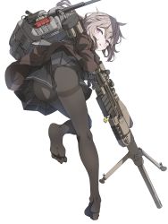 Rule 34 | 1girl, absurdres, backpack, bag, bipod, black gloves, black pantyhose, black skirt, bolt action, brown jacket, cheytac m200, feet, girls&#039; frontline, gloves, grey hair, gun, highres, holding, holding gun, holding weapon, jacket, long sleeves, looking at viewer, looking back, m200 (girls&#039; frontline), messy hair, miniskirt, pantyhose, pleated skirt, purple eyes, rifle, short hair, simple background, skirt, sniper rifle, soles, solo, tai san ps4, thighband pantyhose, toes, trigger discipline, weapon, white background
