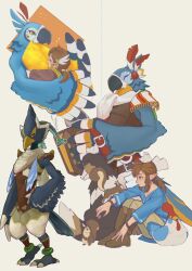 Rule 34 | 3boys, animal, anklet, belt, bird boy, blue shirt, brown background, brown footwear, brown pants, closed eyes, closed mouth, collarbone, dog, feathers, from side, full body, hair ornament, highres, hug, ivy (sena0119), jewelry, kass, knees up, link, looking at animal, looking at viewer, multiple boys, nintendo, official alternate costume, pants, revali, rito, shirt, simple background, sitting, smile, snowquill set (zelda), squirrel, the legend of zelda, the legend of zelda: breath of the wild, white background
