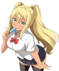 Rule 34 | 1girl, absurdres, aikawa ryou, black skirt, black thighhighs, blonde hair, blush, bow, bowtie, breasts, collarbone, collared shirt, commentary request, dress shirt, dumbbell nan kilo moteru?, food, green eyes, gyaru, hair between eyes, highres, holding, holding food, large breasts, long hair, looking at viewer, pleated skirt, popsicle, pulling own clothes, red bow, red bowtie, sakura hibiki, shirt, simple background, skirt, solo, tan, thighhighs, thighhighs pull, tongue, tongue out, twintails, very long hair, white background, white shirt