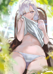 Rule 34 | 1girl, breasts, clothes lift, highres, lifted by self, light rays, looking at viewer, medium breasts, medium hair, mole, mole under eye, navel, original, outdoors, panties, pink eyes, ran&#039;ou (tamago no kimi), shirt lift, silver hair, sitting, smile, solo, tank top, thighs, underboob, underwear, white panties