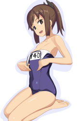 Rule 34 | 10s, 1girl, bare shoulders, barefoot, blush, brown eyes, brown hair, caryo, clothes pull, i-401 (kancolle), kantai collection, long hair, looking at viewer, name tag, one-piece swimsuit, one-piece swimsuit pull, open mouth, ponytail, school swimsuit, seiza, short ponytail, sitting, smile, solo, swimsuit, tan