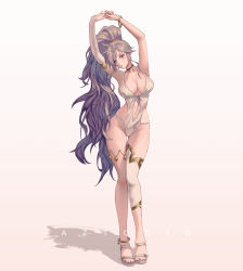 Rule 34 | 1girl, armpits, arms up, aztodio, breasts, cleavage, fire emblem, fire emblem: genealogy of the holy war, full body, highres, ishtar (fire emblem), large breasts, leotard, light purple hair, long hair, looking at viewer, navel, nintendo, parted lips, ponytail, purple eyes, simple background, solo, standing, stomach, swimsuit, thighs, very long hair