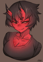 Rule 34 | 1girl, black hair, black shirt, blush, breasts, cleavage, closed mouth, colored skin, cropped torso, fang, fang out, grey background, horns, kidouko (zakusi), large breasts, looking at viewer, oni, oni horns, original, red oni, red skin, seductive smile, shirt, short hair, signature, simple background, slit pupils, smile, solo, symbol-only commentary, upper body, yellow eyes, zakusi