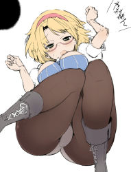 Rule 34 | 1girl, alice margatroid, ass, bespectacled, black pantyhose, blonde hair, boots, breasts, brown pantyhose, cross-laced footwear, female focus, glasses, hairband, hip focus, hiruma andon, impossible clothes, impossible shirt, knees together feet apart, large breasts, legs, legs up, lying, on back, open mouth, panties, panties under pantyhose, pantyhose, pussy, rumia, rumia (darkness), shirt, sketch, solo, thighs, touhou, trefoil, underwear, white panties, wide hips
