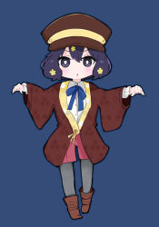 Rule 34 | 1girl, black eyes, black hair, blue background, blue bow, boots, bow, brown footwear, brown hat, commentary request, flower, full body, grey pantyhose, hair between eyes, hair flower, hair ornament, hat, long sleeves, looking at viewer, mizuno ai, nozo (hitomiz), pantyhose, pantyhose under shorts, peaked cap, pink shorts, shirt, short shorts, shorts, simple background, solo, v-shaped eyebrows, white shirt, wide sleeves, yellow flower, zombie land saga