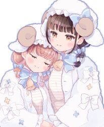Rule 34 | 2girls, animification, beanie, bell, black hair, blue bow, blue bowtie, blue outline, blunt bangs, blush, bow, bowtie, brown eyes, closed mouth, coat, cotton=utopia (love live!), crossed bangs, desuwa07th, earflap beanie, frilled hat, frills, fur coat, hair bow, hat, head on another&#039;s shoulder, hinoshita kaho, horned hat, horns, link! like! love live!, long sleeves, looking at another, love live!, low twintails, medium hair, multi-tied hair, multiple girls, neck bell, nirei nozomi, open clothes, open coat, orange hair, outline, real life, sheep horns, shirt, sidelocks, simple background, smile, split mouth, star-shaped pupils, star (symbol), striped clothes, striped shirt, symbol-shaped pupils, twintails, two side up, virtual youtuber, voice actor, voice actor connection, white background, white bow, white coat, white hat, white shirt