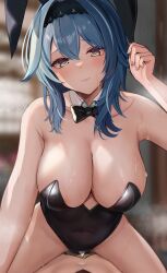 Rule 34 | 1girl, 1other, absurdres, aether (genshin impact), alternate costume, animal ears, bare shoulders, black bow, black bowtie, black hairband, black leotard, blue hair, blurry, blurry background, blush, bow, bowtie, breasts, cleavage, closed mouth, collar, commentary request, covered navel, detached collar, efuri (riarea00), eula (genshin impact), fake animal ears, genshin impact, hairband, hand up, heart, heart-shaped pupils, highres, holding ear, large breasts, leotard, looking at viewer, playboy bunny, sitting, sitting on person, smile, solo focus, straddling, strapless, strapless leotard, sweat, symbol-shaped pupils, thighs, white collar, yellow eyes