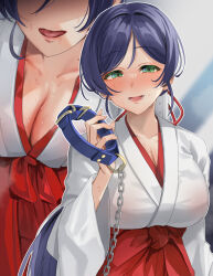 Rule 34 | 1girl, animal collar, anzu0130, blush, breasts, chain, chain leash, cleavage, collar, commentary request, covered erect nipples, green eyes, hakama, highres, holding, holding collar, japanese clothes, kimono, large breasts, leash, licking lips, long hair, looking at viewer, love live!, love live! school idol project, miko, multiple views, open mouth, ponytail, purple hair, red hakama, see-through kimono, simple background, smile, sweat, sweaty clothes, tongue, tongue out, tojo nozomi, white kimono, wide sleeves