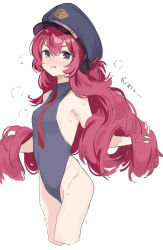Rule 34 | 1girl, black eyes, black hat, black leotard, blue archive, blush, breasts, hat, hei (tonarinohey), highleg, highleg leotard, highres, iroha (blue archive), leotard, long hair, looking at viewer, necktie, open mouth, peaked cap, red hair, red necktie, simple background, small breasts, solo, sweat, very long hair, wavy hair, white background