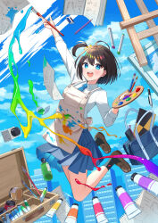 Rule 34 | 1girl, absurdres, ahoge, bag, black hair, black socks, blue eyes, blue necktie, blue skirt, brown footwear, building, collared shirt, commentary request, eraser, flying paper, highres, holding, holding paintbrush, lex suri12, loafers, looking at viewer, necktie, one side up, open mouth, original, pain, paint, paintbrush, paper, pen, pleated skirt, school bag, shirt, shoes, short hair, skirt, sky, smile, socks, solo, teeth, upper teeth only, white shirt