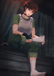 Rule 34 | 1girl, absurdres, black footwear, black gloves, blue eyes, blurry, blurry background, blush, boots, unworn boots, breasts, brown choker, brown hair, bulletproof vest, choker, commentary, english commentary, feet, fingerless gloves, foot up, full body, ghhoward, gloves, green pants, green shirt, hand on own foot, highres, looking down, medium breasts, mixed-language commentary, no shoes, open mouth, pants, rebecca chambers, resident evil, ribbed socks, shirt, short hair, sitting, small breasts, smell, socks, soles, solo, steaming body, sweatdrop, t-shirt, toes, upper body, white socks