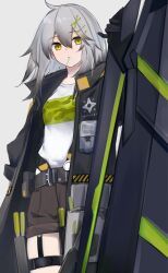 Rule 34 | 1girl, absurdres, ahoge, belt, black belt, black coat, black gloves, breasts, brown shorts, coat, cowboy shot, croque (neural cloud), girls&#039; frontline neural cloud, gloves, grey hair, hair between eyes, hair ornament, hairclip, highres, kotoha (kotoha65), looking at viewer, medium hair, mouth hold, open clothes, open coat, pouch, shield, shirt, shorts, simple background, small breasts, solo, thigh pouch, thigh strap, white background, white shirt, x hair ornament, yellow eyes