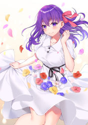 Rule 34 | 1girl, black ribbon, blush, breasts, collared dress, commentary request, dress, fate/stay night, fate (series), flower, hair ribbon, heaven&#039;s feel, highres, hizuki higure, long hair, looking at viewer, matou sakura, medium breasts, official alternate costume, petals, purple eyes, purple hair, rei no himo, ribbon, simple background, skirt basket, skirt hold, smile, solo, white dress