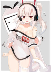 Rule 34 | 1girl, alternate costume, animal ears, ayanami (azur lane), ayanami (niconico) (azur lane), azur lane, blush, breasts, clothes writing, commentary request, headphones, highres, long hair, looking at viewer, no panties, open mouth, red eyes, shiny skin, short sleeves, silver hair, single thighhigh, smile, solo, te toga, thighhighs, white thighhighs, youtube
