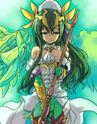 Rule 34 | 1girl, bare shoulders, black hair, bow, ascot, detached collar, detached sleeves, dress, gloves, green gloves, hair bow, hair ornament, highres, ishiyumi, long hair, looking down, puzzle &amp; dragons, smile, solo, staff, verdandi (p&amp;d), wavy hair