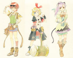 Rule 34 | 3girls, agahari, animal ears, bandages, belt, blue eyes, boots, cat ears, cat tail, elena (rune factory oceans), fingerless gloves, gloves, grin, hair ribbon, hammer, harvest moon, jewelry, long hair, multiple girls, necklace, odette (rune factory), open mouth, painting (medium), ponytail, purple hair, ribbon, rune factory, rune factory oceans, sandals, sarah (rune factory oceans), scarf, short hair, short shorts, shorts, smile, sunglasses, tail, traditional media, wink, yellow eyes