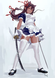 Rule 34 | 1girl, animal ears, apron, artist name, black footwear, blue dress, breasts, commentary, dark-skinned female, dark skin, dress, dual wielding, fkey, frills, full body, gloves, gluteal fold, hair between eyes, hair ribbon, highres, holding, holding sword, holding weapon, kafei (fkey), katana, long hair, looking at viewer, low-tied long hair, maid, maid apron, mary janes, medium breasts, original, panties, pantyshot, petticoat, red eyes, red ribbon, ribbon, shoes, short dress, signature, skirt, slit pupils, solo, standing, sword, tan, thighhighs, thighs, underwear, weapon, white gloves, white panties, white thighhighs