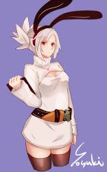 Rule 34 | 1girl, alternate costume, animal ears, belt, breasts, rabbit ears, cleavage, cleavage cutout, clothing cutout, cowboy shot, dress, folded ponytail, hairband, highres, league of legends, looking at viewer, medium breasts, meme attire, open-chest sweater, orange eyes, riven (league of legends), solo, sweater, sweater dress, white hair, yosuki (yo sukan)