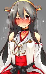 Rule 34 | 10s, 1girl, bad id, bad nicoseiga id, black hair, blush, breasts, choker, detached sleeves, grey background, haruna (kancolle), headgear, highres, kantai collection, long hair, looking at viewer, nontraditional miko, one eye closed, red eyes, simple background, solo, tears, tsukui kachou