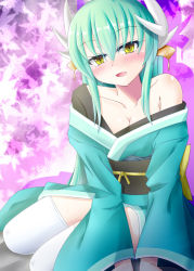 Rule 34 | 1girl, :d, bad id, bad pixiv id, bare shoulders, blush, breasts, cleavage, collarbone, commentary request, dragon horns, fate/grand order, fate (series), green hair, green kimono, hair between eyes, hair ornament, head tilt, horns, japanese clothes, kimono, kiyohime (fate), long hair, long sleeves, medium breasts, noname (reticulian), obi, off shoulder, open mouth, sash, sidelocks, sitting, smile, solo, thighhighs, very long hair, white thighhighs, wide sleeves, yellow eyes