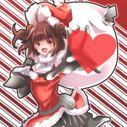 Rule 34 | 10s, 1girl, adapted costume, bad id, bad pixiv id, blush, brown eyes, brown hair, double bun, elbow gloves, gloves, hat, heart, izumi kazuhira, kantai collection, naka (kancolle), open mouth, personification, sack, santa costume, santa hat, short hair, skirt, smile, solo