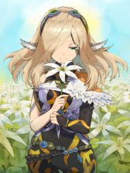 Rule 34 | 1girl, asagi1111, bare shoulders, blonde hair, blue eyes, breasts, celica (xenoblade x), elf, facial mark, flower, hair over one eye, holding, lily (flower), long hair, long sleeves, medium breasts, pointy ears, solo, white flower, xenoblade chronicles (series), xenoblade chronicles x