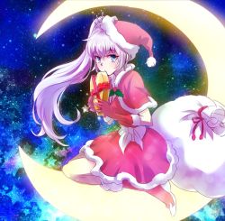 Rule 34 | 1girl, bag, blue eyes, christmas, commentary, crescent moon, gift, hat, iesupa, moon, on crescent, ponytail, rwby, santa costume, santa hat, scar, sitting on moon, solo, space, weiss schnee, white hair