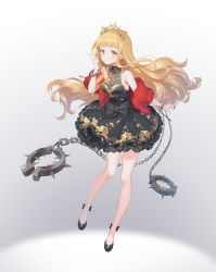 Rule 34 | 1girl, blonde hair, blood, blunt bangs, blush, bow, caolao bingren, chain, closed mouth, cuffs, dress, earrings, full body, fur trim, gradient background, handcuffs, highres, jewelry, long hair, looking at viewer, necklace, pointing, pointing up, red riding hood (sinoalice), sidelocks, simple background, sinoalice, solo, standing, tiara, wavy hair, weapon, yellow eyes