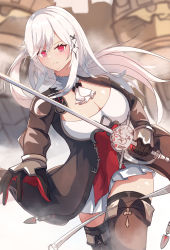Rule 34 | 1girl, absurdres, azur lane, black legwear, blush, breasts, butterfly hair ornament, check commentary, cleavage, commentary request, dunkerque (azur lane), gloves, grey hair, hair ornament, hane (feathe02), highres, holding, holding sword, holding weapon, large breasts, long hair, long sleeves, looking at viewer, red eyes, smile, sword, weapon
