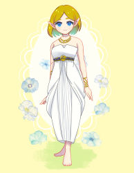Rule 34 | absurdres, alternate hairstyle, armpits, arms at sides, artist request, bare shoulders, barefoot, belt, belted dress, blonde hair, bracelet, braid, breasts, closed mouth, collarbone, eyelashes, facing viewer, feet, feet together, fingernails, floral background, flower, full body, gold belt, gold bracelet, gold necklace, green eyes, hair ornament, hairclip, happy, highres, jewelry, legs together, looking at viewer, nature, neck, necklace, nintendo, no bra, outdoors, parted bangs, plant, pointy ears, princess zelda, sandals, short hair, sidelocks, small breasts, smile, standing, strapless, the legend of zelda, the legend of zelda: breath of the wild, the legend of zelda: tears of the kingdom, toenails, toes, toga, triforce, tunic, unworn sandals, white tunic