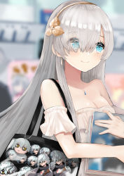 Rule 34 | 1girl, anastasia (fate), arm strap, blue eyes, blurry, blurry background, breasts, cleavage, fate/grand order, fate (series), floating hair, hair over one eye, hairband, holding, jewelry, long hair, medium breasts, necklace, silver hair, smile, solo, strapless, upper body, very long hair, you2 ug