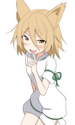 Rule 34 | 1girl, absurdres, animal ears, blonde hair, blush, cowboy shot, e.o., fang, fox ears, green ribbon, highres, kudamaki tsukasa, looking at viewer, open mouth, ribbon, romper, short hair, short sleeves, simple background, skin fang, smile, solo, touhou, white background, white romper, yellow eyes