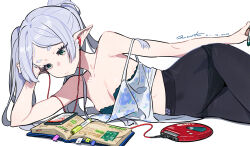 Rule 34 | 1girl, absurdres, black pantyhose, book, bra, bra peek, breasts, camisole, cd player, cellphone, closed mouth, earphones, frieren, green eyes, grey hair, highres, long hair, lying, marker, on side, open book, panties, panties under pantyhose, pantyhose, phone, pointy ears, simple background, small breasts, smartphone, solo, sousou no frieren, strap slip, thick eyebrows, tizibade, twintails, underwear, white background