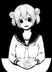 Rule 34 | 1girl, 4shi, black background, blood, blood on face, commentary request, dango-chan (4shi), double bun, greyscale, hair between eyes, hair bun, highres, hollow eyes, horror (theme), long sleeves, looking at viewer, monochrome, necktie, original, own hands clasped, own hands together, school uniform, serafuku, short hair, solo, upper body