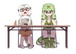 Rule 34 | 0x0082, 2girls, :3, animal ears, arm rest, bare arms, black eyes, boots, bow, braid, breasts, capri pants, chair, cleavage, closed mouth, crocodilian tail, fingerless gloves, full body, glasses, gloves, green eyes, green hair, grey hair, hair bow, hands up, highres, jacket, japari symbol, kemono friends, knees together feet apart, long hair, long sleeves, medium hair, meerkat (kemono friends), meerkat ears, multicolored hair, multiple girls, open mouth, own hands clasped, own hands together, pants, partially unzipped, sandals, semi-rimless eyewear, short sleeves, shorts, side-by-side, sidelocks, simple background, sitting, smile, spectacled caiman (kemono friends), spikes, sweater, table, tail, toes, twin braids, two-tone hair, white background, white hair, zipper