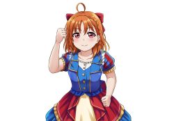 Rule 34 | 1girl, absurdres, ahoge, bow, clenched hand, collarbone, hair bow, highres, jan azure, looking at viewer, love live!, love live! sunshine!!, matsuoka shuuzou, orange hair, real life, red bow, red eyes, short hair, short sleeves, takami chika, transparent background