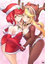 Rule 34 | 2girls, alternate costume, animal costume, ara ara, blonde hair, blush, breast press, breasts, breasts squeezed together, christmas, cleavage, deekei, highres, holding hands, large breasts, leotard, long hair, looking at viewer, multiple girls, mythra (xenoblade), nintendo, one eye closed, pantyhose, pyra (xenoblade), red hair, reindeer costume, santa costume, short hair, shy, smile, swept bangs, symmetrical docking, thighs, xenoblade chronicles (series), xenoblade chronicles 2