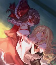 Rule 34 | 2girls, apron, back bow, black vest, blonde hair, blush, bow, braid, brown hair, detached sleeves, dress, dutch angle, frilled bow, frilled hair tubes, frilled skirt, frills, from side, hair between eyes, hair bow, hair tubes, hakama, hakama skirt, hakurei reimu, hand on another&#039;s cheek, hand on another&#039;s face, hat, japanese clothes, kirisame marisa, long hair, medium hair, miko, multiple girls, puffy short sleeves, puffy sleeves, red bow, red dress, red hakama, red shirt, red skirt, red vest, ribbon-trimmed sleeves, ribbon trim, sarashi, shirt, short sleeves, single braid, skirt, skirt set, sleeveless, sleeveless dress, sleeveless shirt, tied sleeves, touhou, vest, waist apron, white apron, white bow, white shirt, white sleeves, wide sleeves, witch hat, yellow eyes, yomogi 9392, yuri