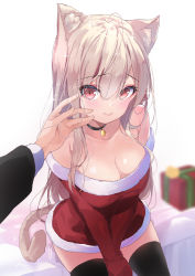 Rule 34 | 1boy, 1girl, animal ear fluff, animal ears, bare shoulders, black thighhighs, blonde hair, blurry, blurry background, blush, box, breasts, cat ears, cat tail, choker, christmas, cleavage, dress, emily (pure dream), fur trim, gift, gift box, hair between eyes, highres, large breasts, long hair, looking at viewer, original, pov, red eyes, santa costume, sitting, solo focus, strapless, strapless dress, tail, thighhighs, white background
